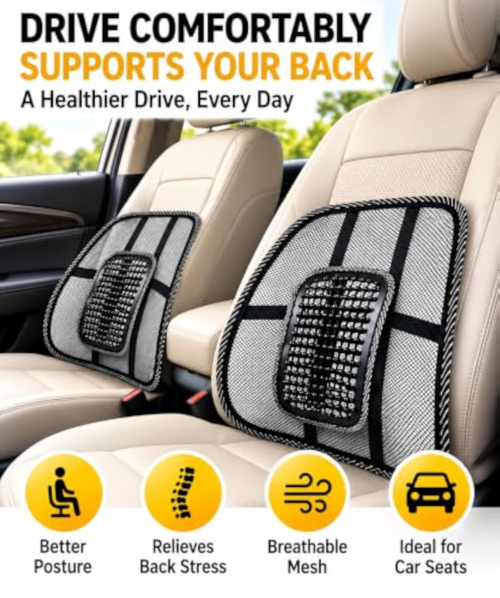 Car Back Support Cushion for Seat, Breathable Mesh Lumbar Support